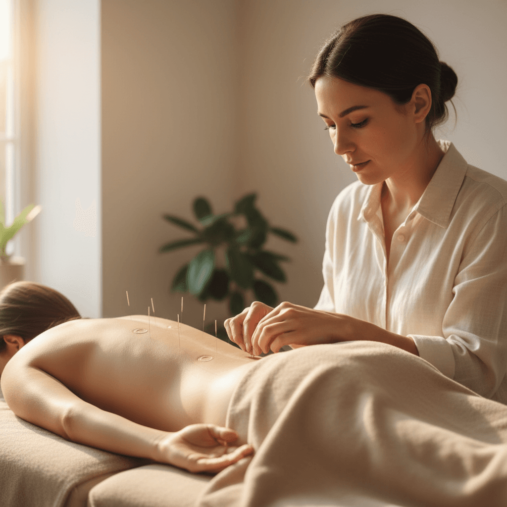 Acupuncture needles being placed along the lower back for pain relief
