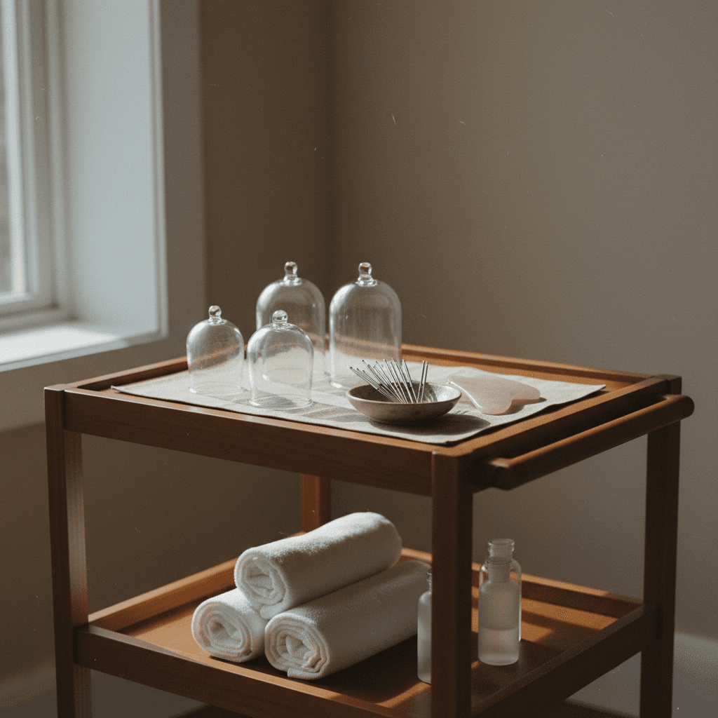 Acupuncture needles, cupping cups, and manual therapy tools on a cart