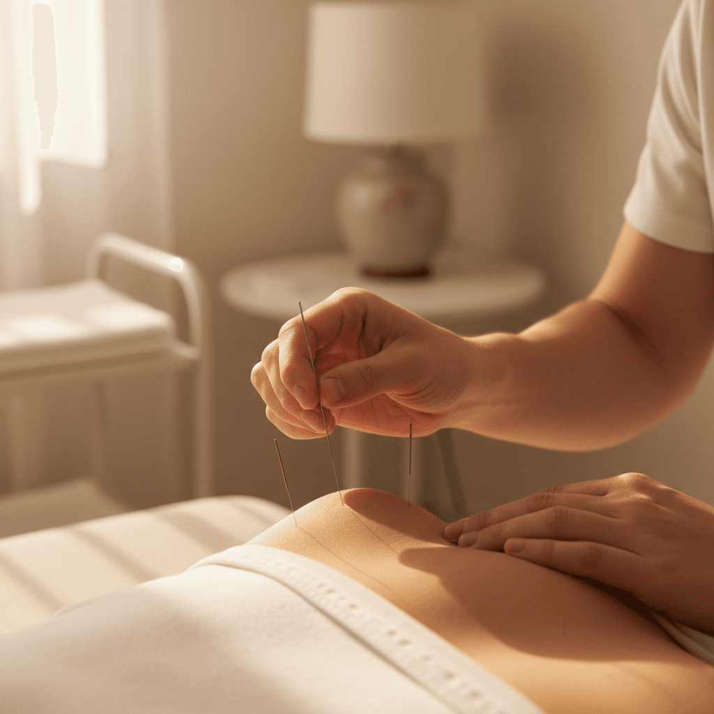 Acupuncturist inserting needle with precision