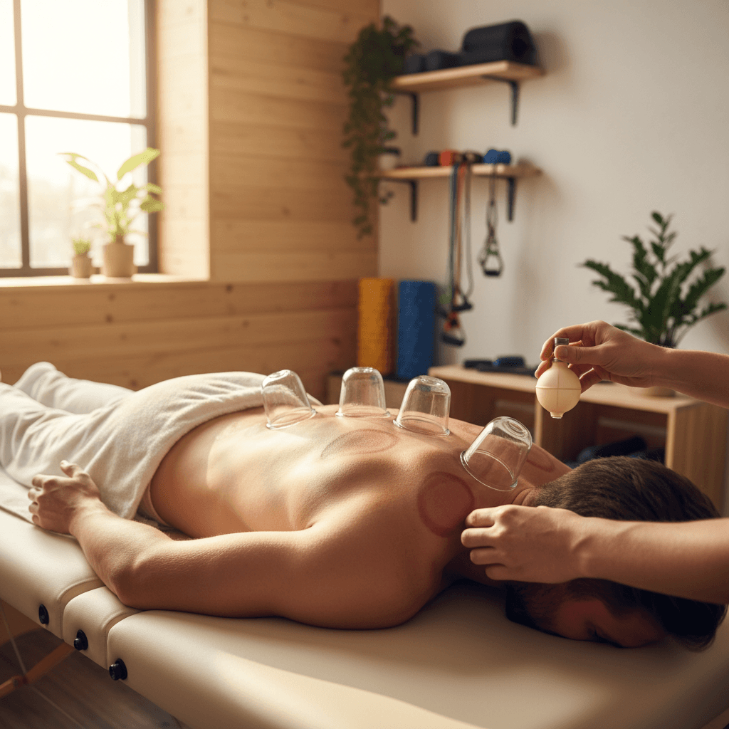 Glass cups placed on a patient's upper back during cupping therapy