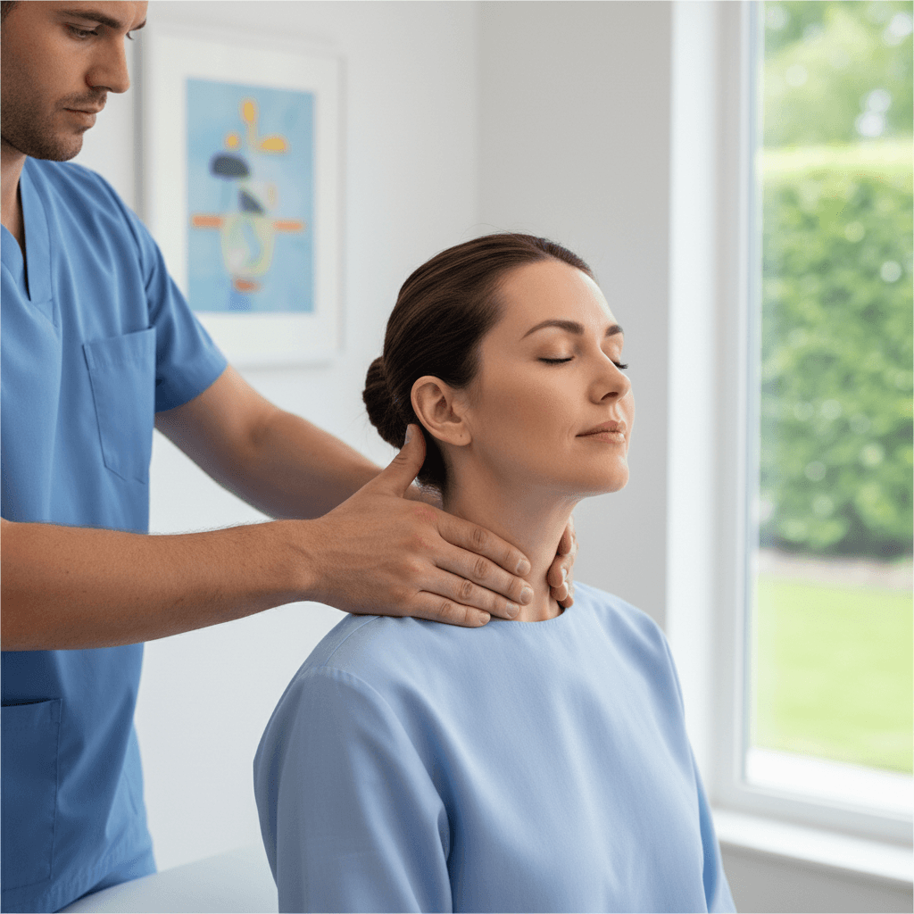 Practitioner applying pressure to a patient's neck and shoulder area