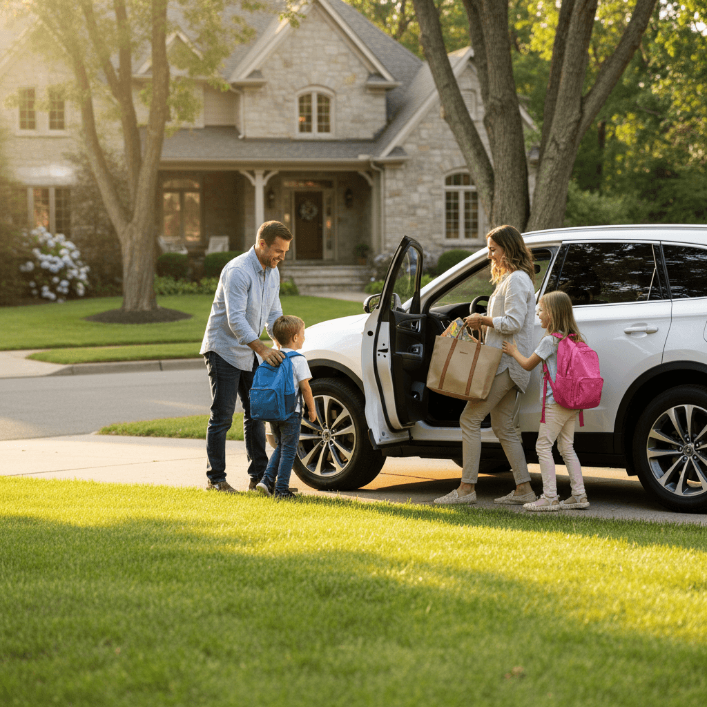 Family preparing to leave in a driveway on a sunny morning
