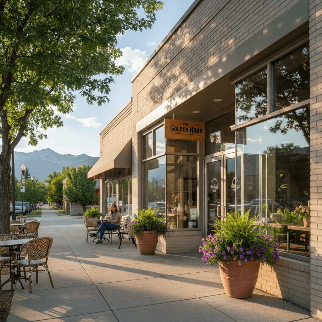 Modern storefront of a wellness clinic on a tree-lined Main Street