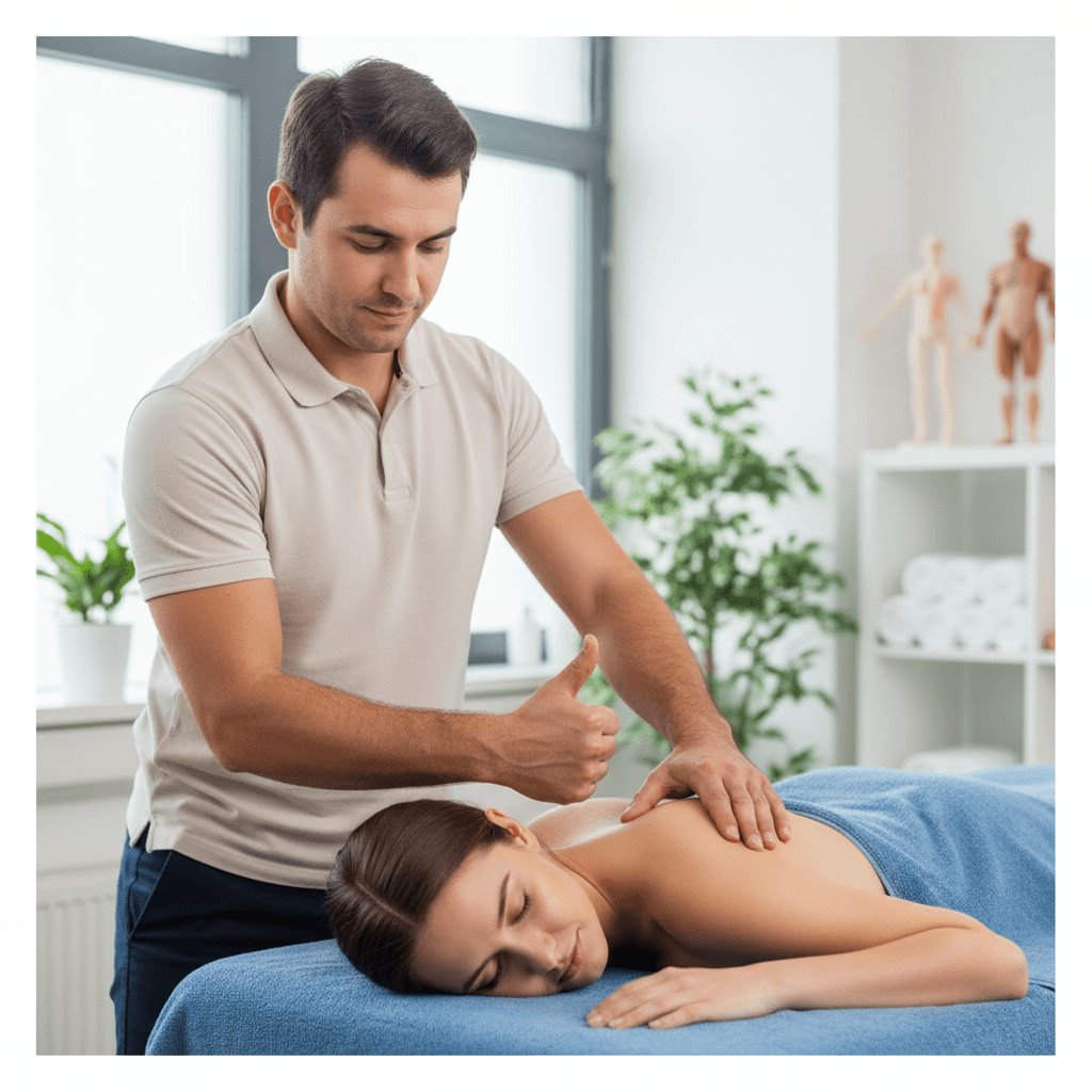 Practitioner applying focused pressure to a trigger point in a patient's shoulder