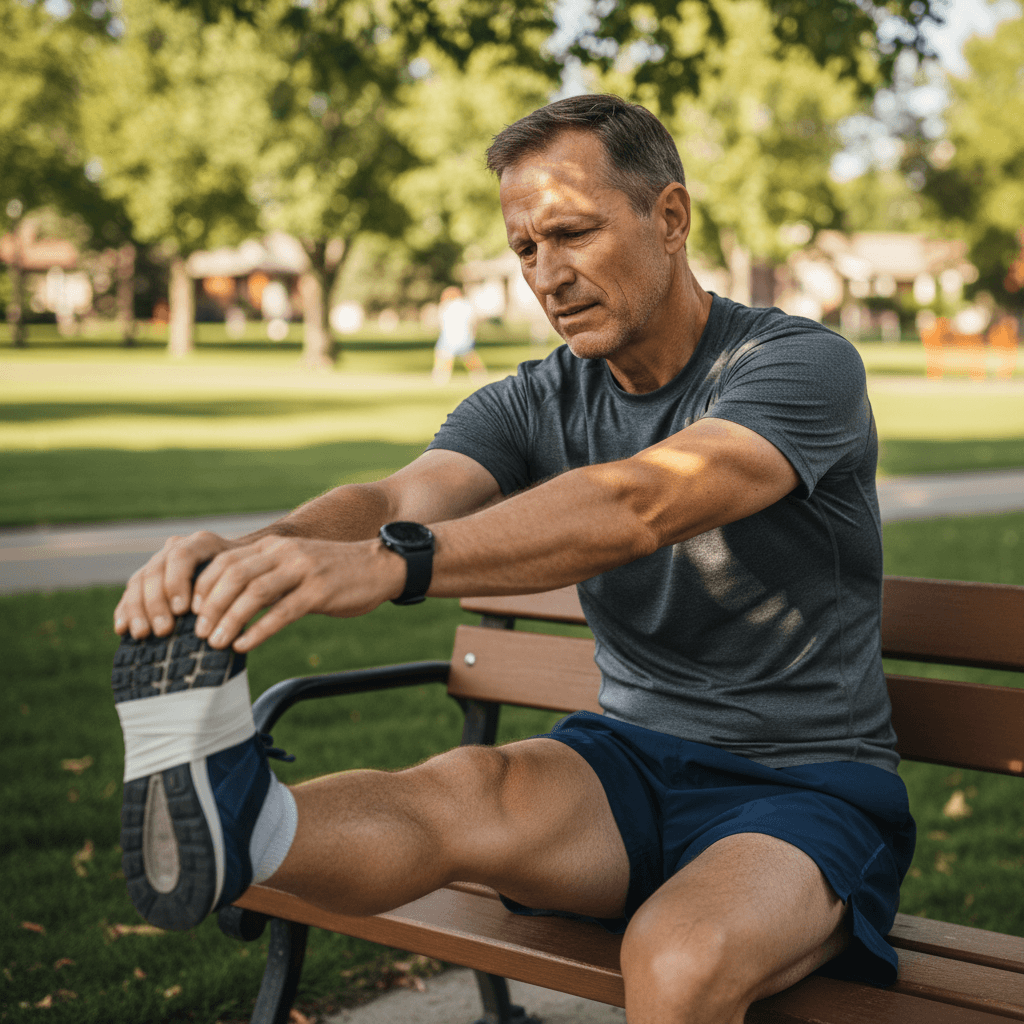Athlete stretching sore hamstring in a park after a run