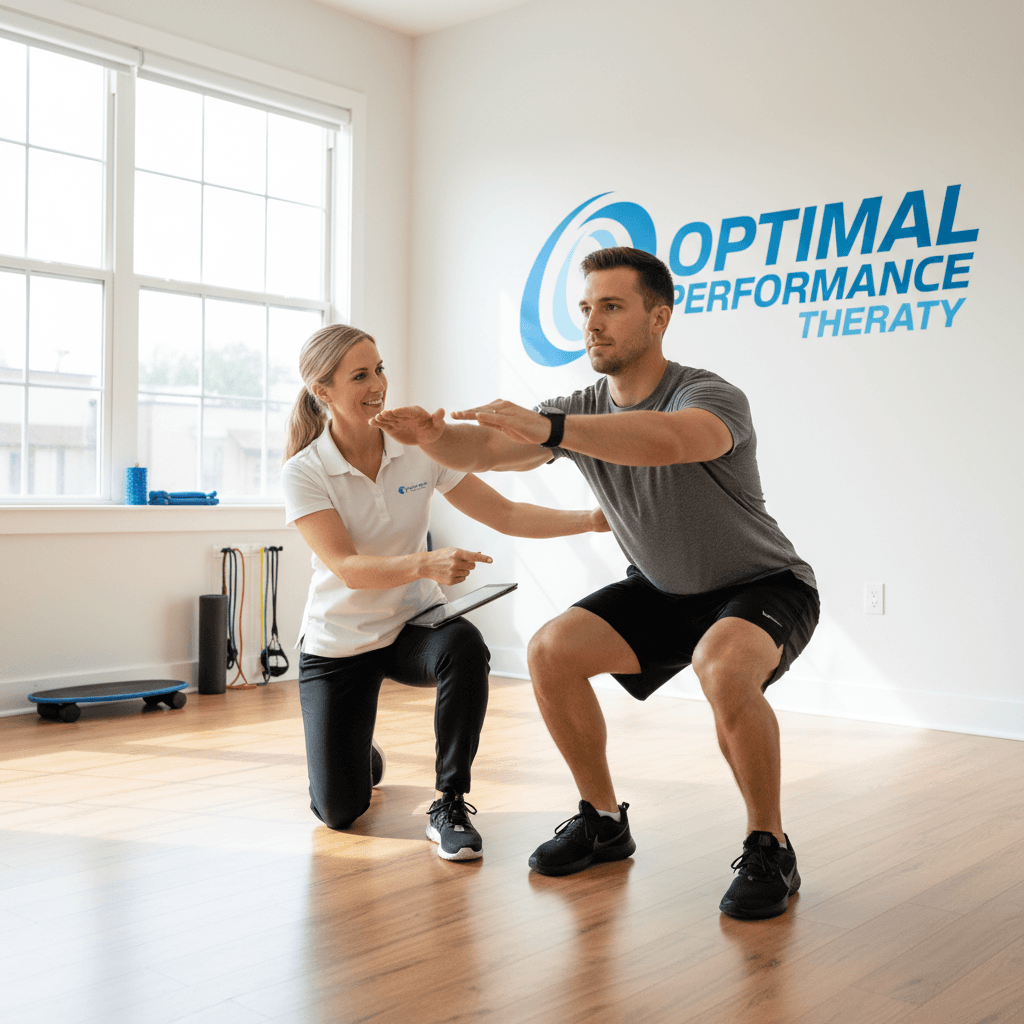 Therapist guiding an athlete through a movement assessment in a bright treatment studio
