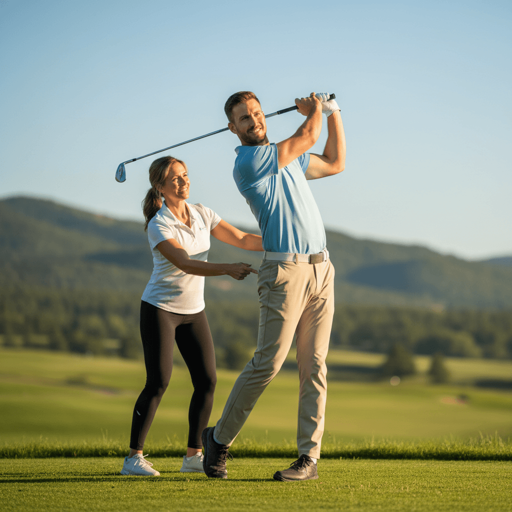 Athlete performing golf swing with acupuncturist guidance