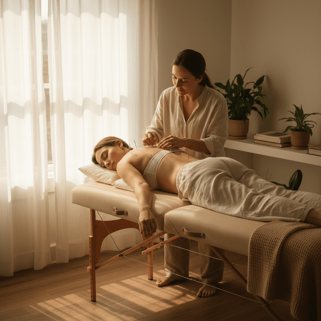 Patient receiving acupuncture treatment at home with acupuncturist