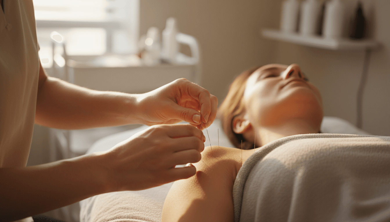 Acumotion Sports Therapy practitioner performing dry needling treatment on patient's shoulder