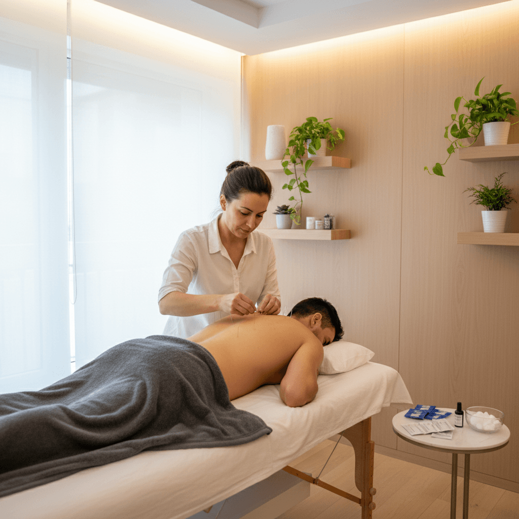 Acupuncturist placing thin needles on a patient's back in a modern treatment room