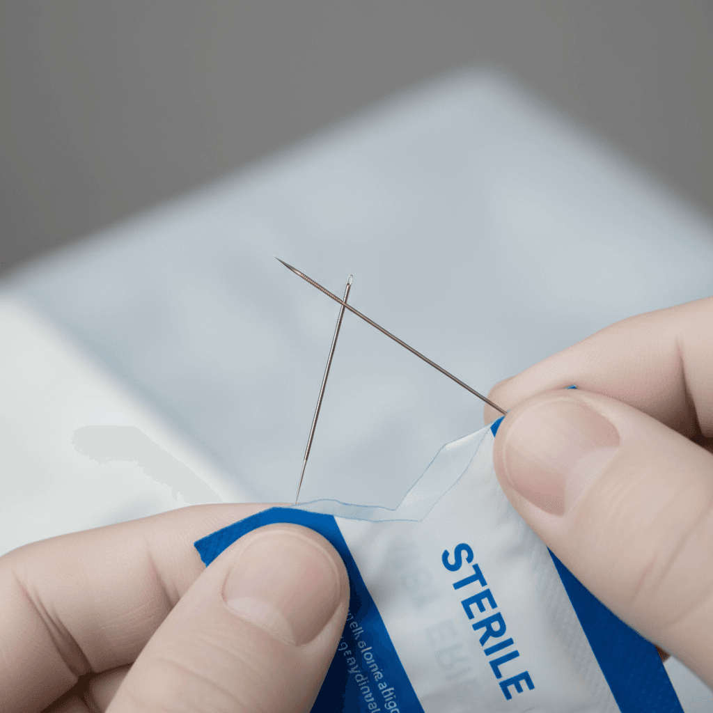 Practitioner's hands holding a fine, sterile acupuncture needle