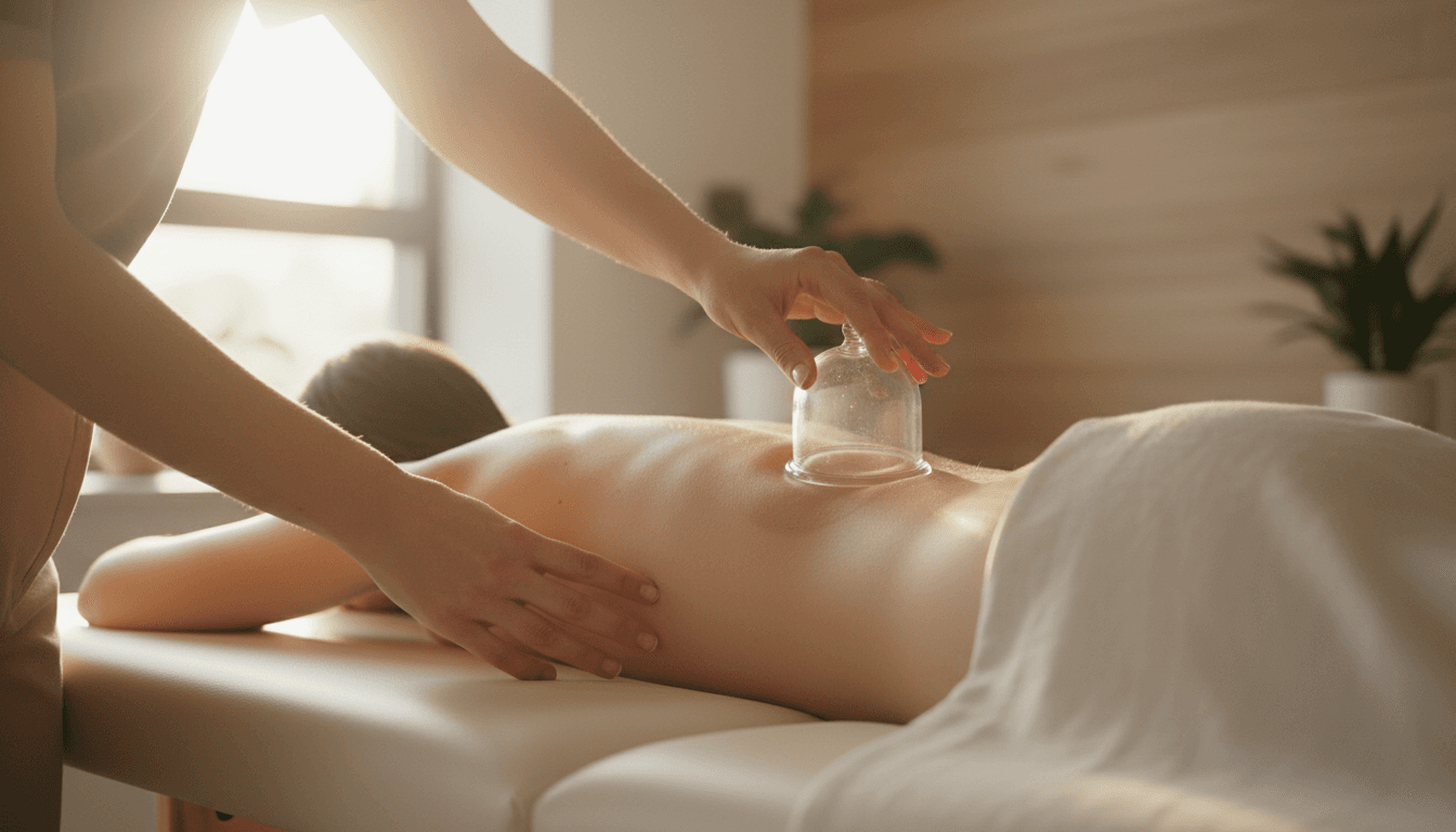 Cupping therapy applied to a client's lower back in a warm treatment room