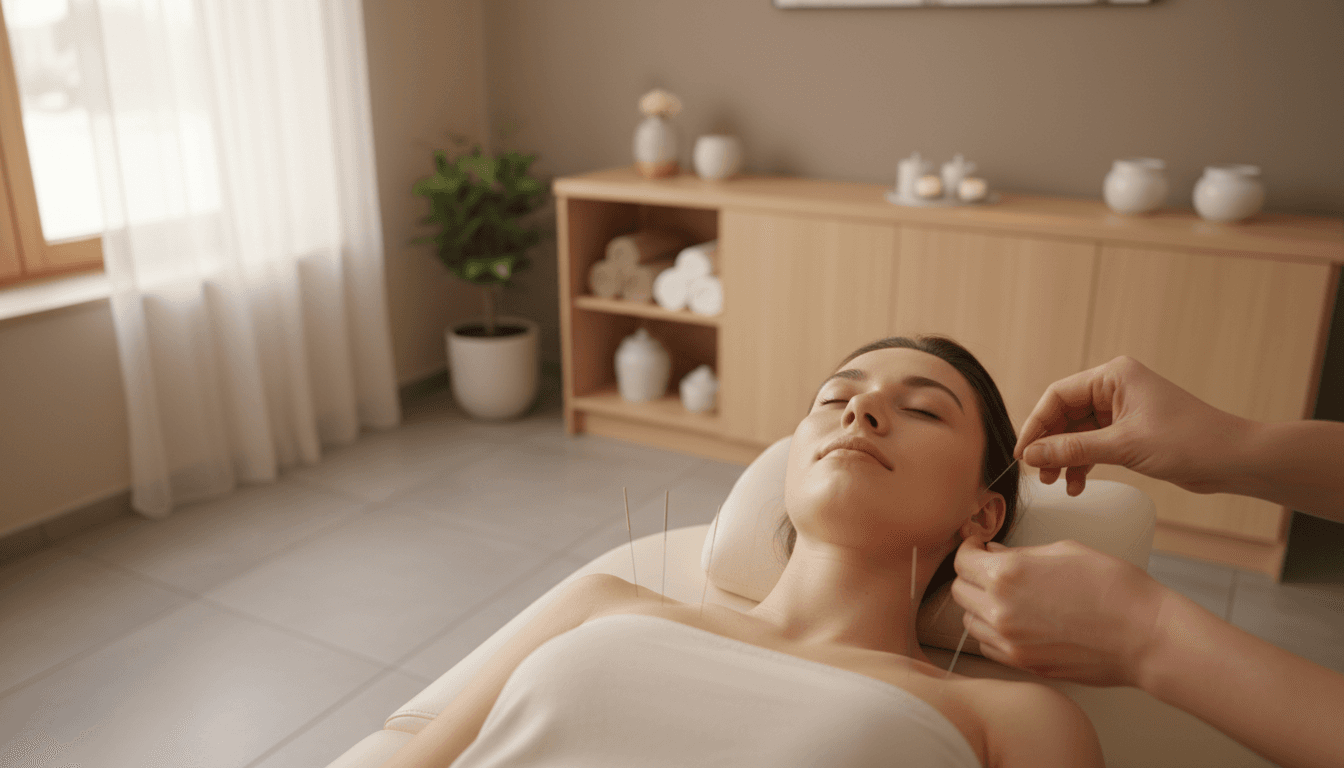 Acupuncture needles being placed on a patient's shoulder in a clinic