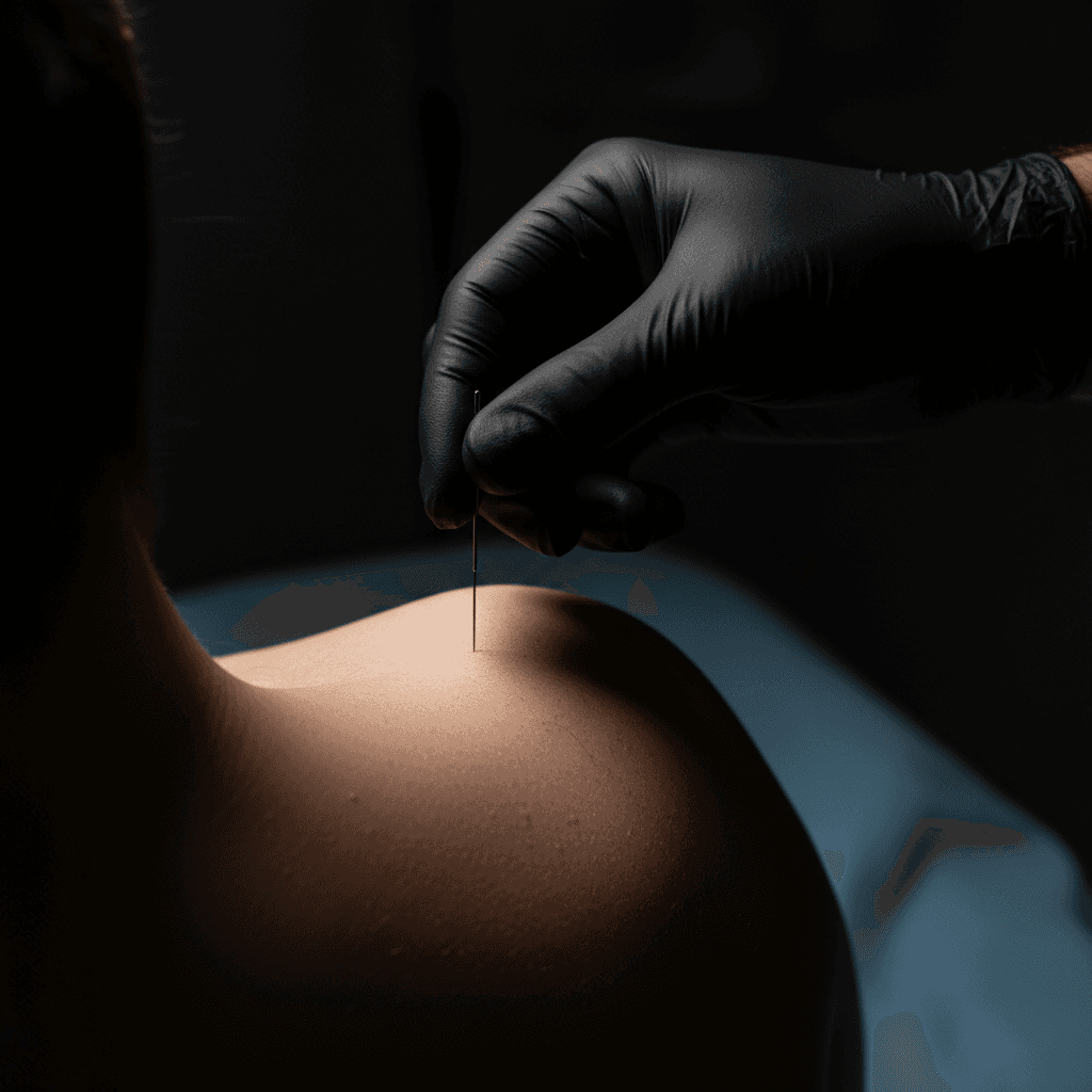 Dry needling treatment targeting a trigger point in the shoulder