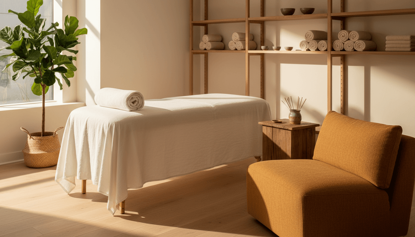 Acupuncture treatment room with soft natural light and a ceramic needle cup on a wooden table
