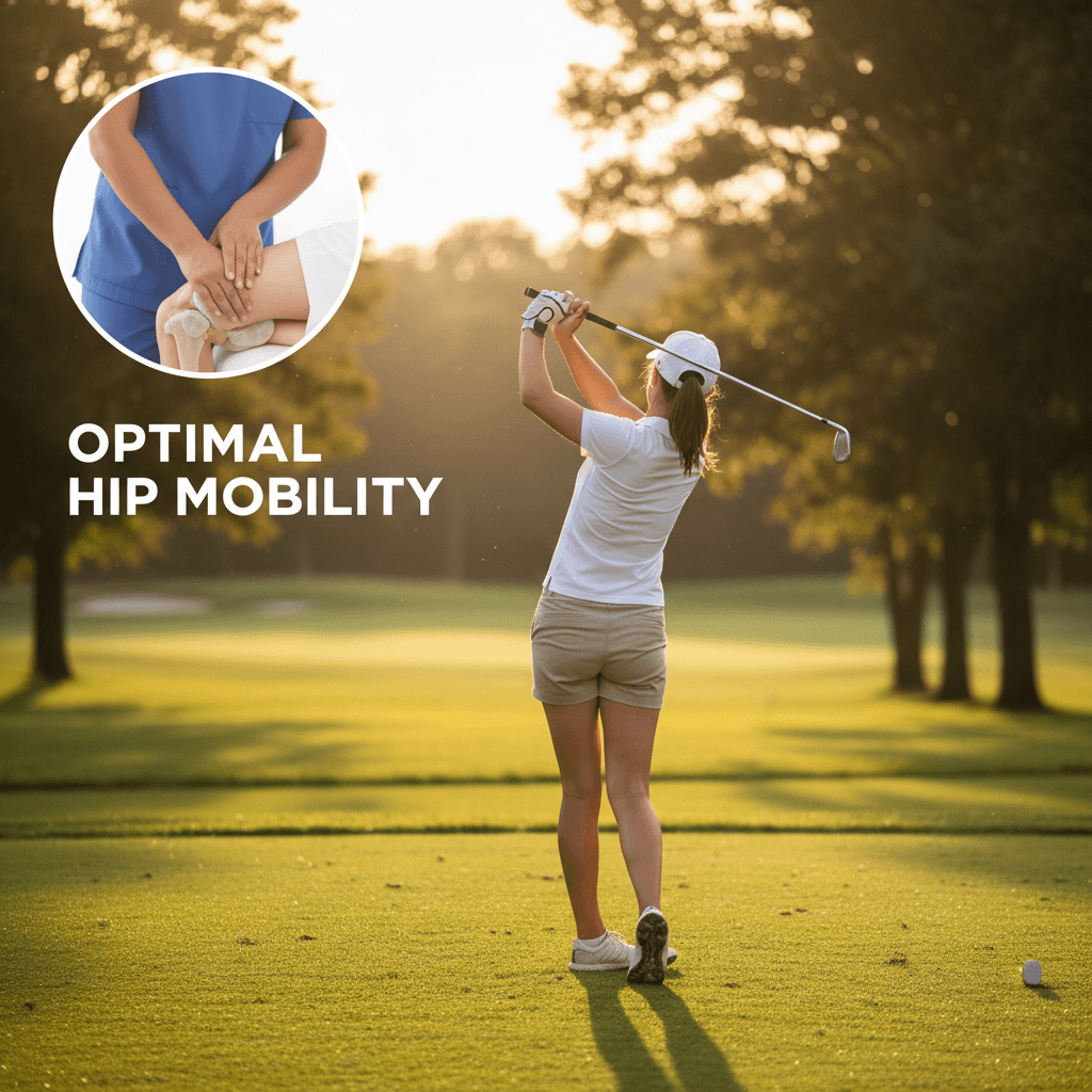 Golfer swinging on a sunny course, with a focus on hip mobility