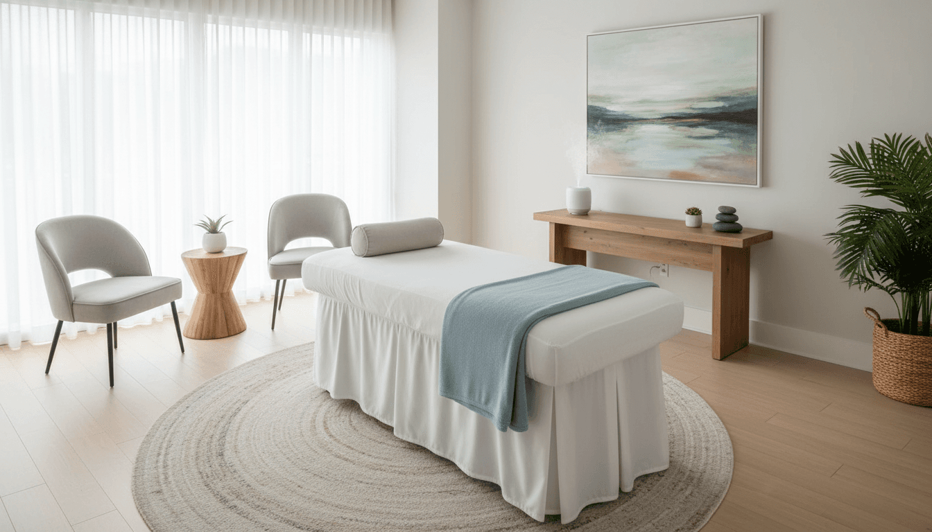 Calm acupuncture treatment room with a treatment table and soft natural light