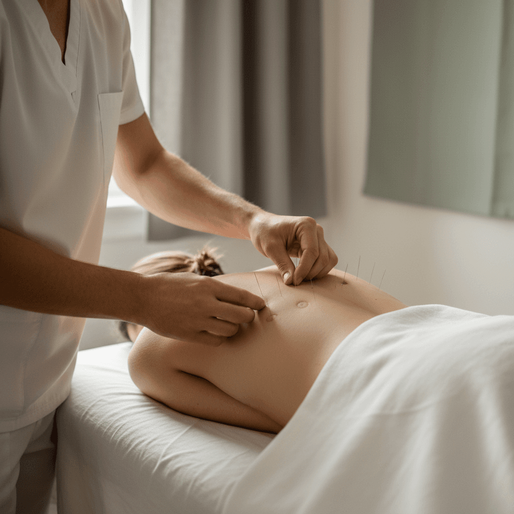 Dry needling treatment on upper back muscles with fine needles inserted
