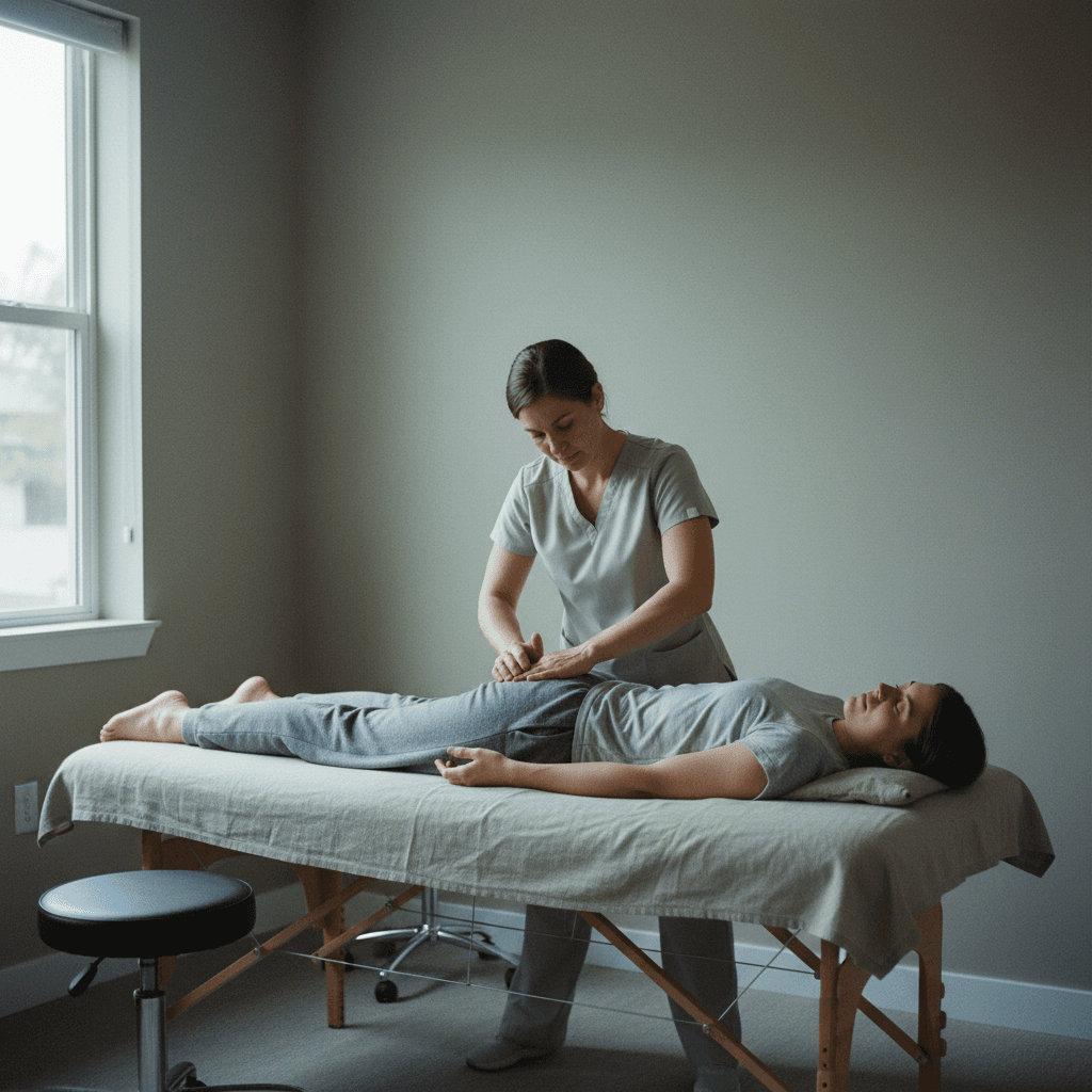 Manual therapy applied to hip muscles on treatment table