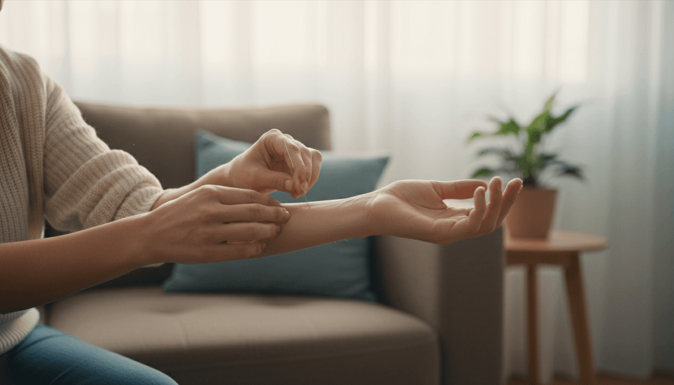 Acupuncture needle being placed on a patient's arm in a calm home setting