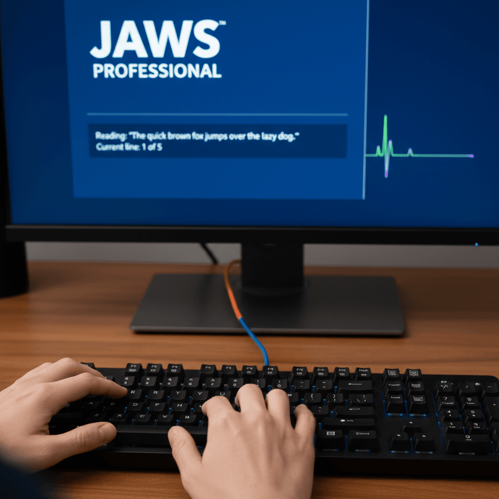 Hands typing on a keyboard with assistive software on the monitor