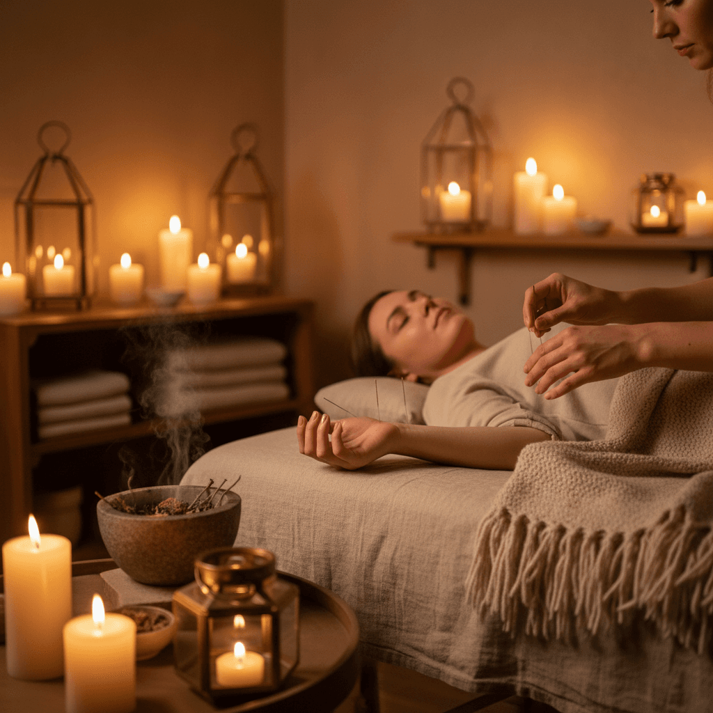 Patient in relaxed state receiving insomnia-relief acupuncture