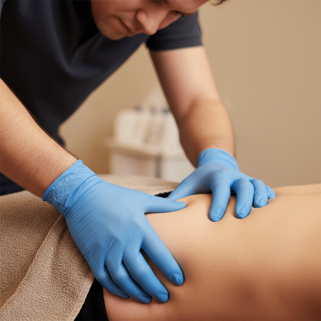 close up of therapist's hands performing trigger point therapy on patient's hip area