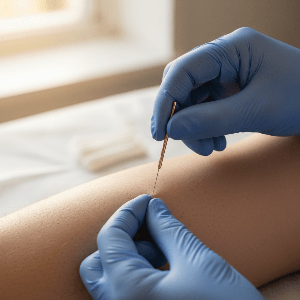 Practitioner applying dry needling to a calf muscle