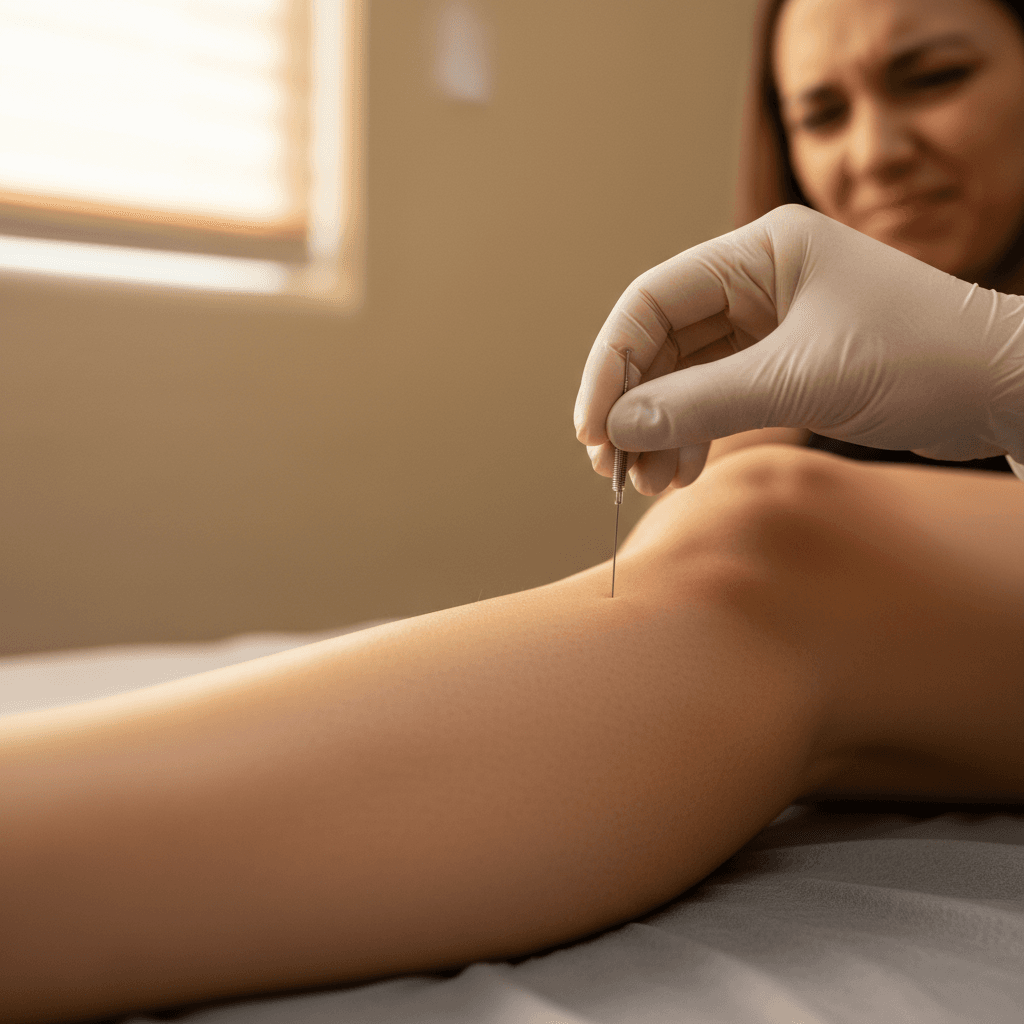 Dry needling treatment on a calf muscle with visible needle insertion