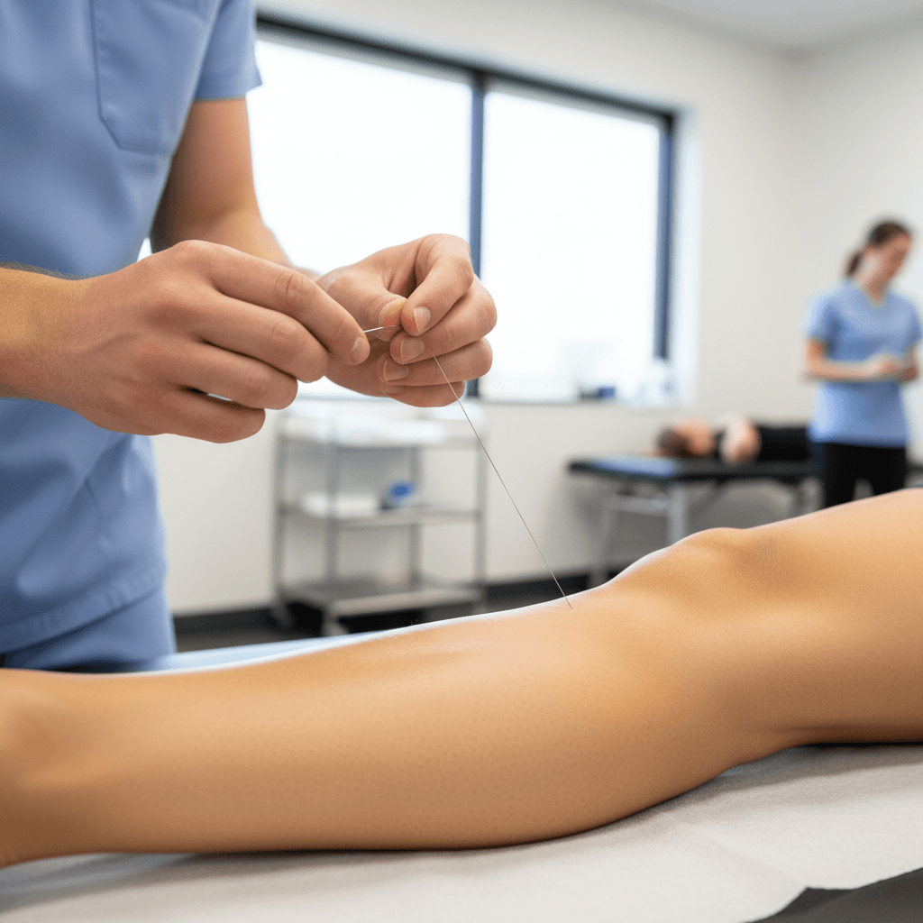 Therapist inserting a dry needle into a patient's calf muscle