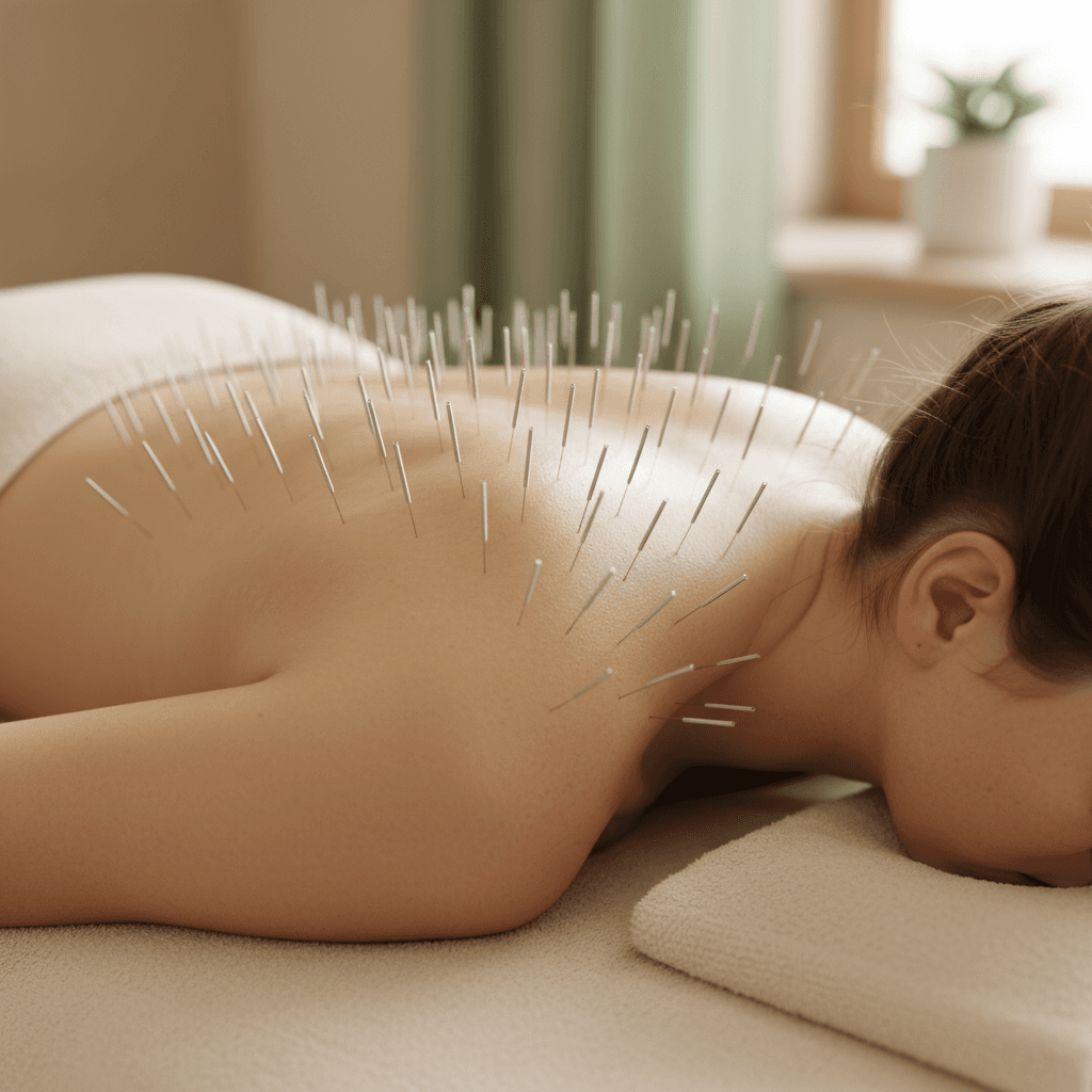 Close-up of thin needles placed along the upper back and neck during motor point therapy
