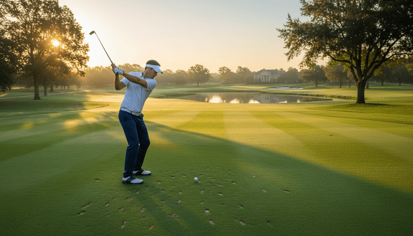 Golfer in mid-swing on a well-manicured fairway with natural morning light