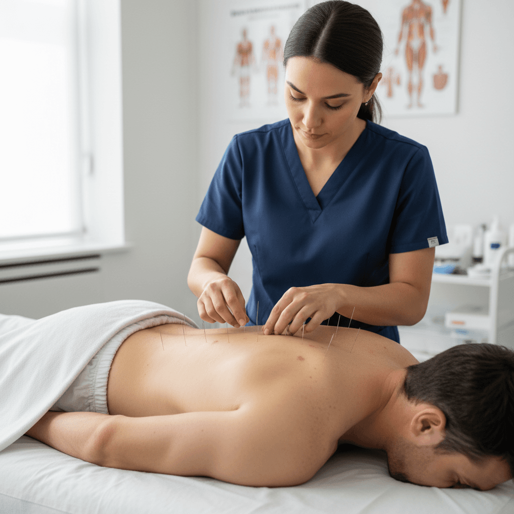 Therapist treating lower back and gluteal muscles with dry needling