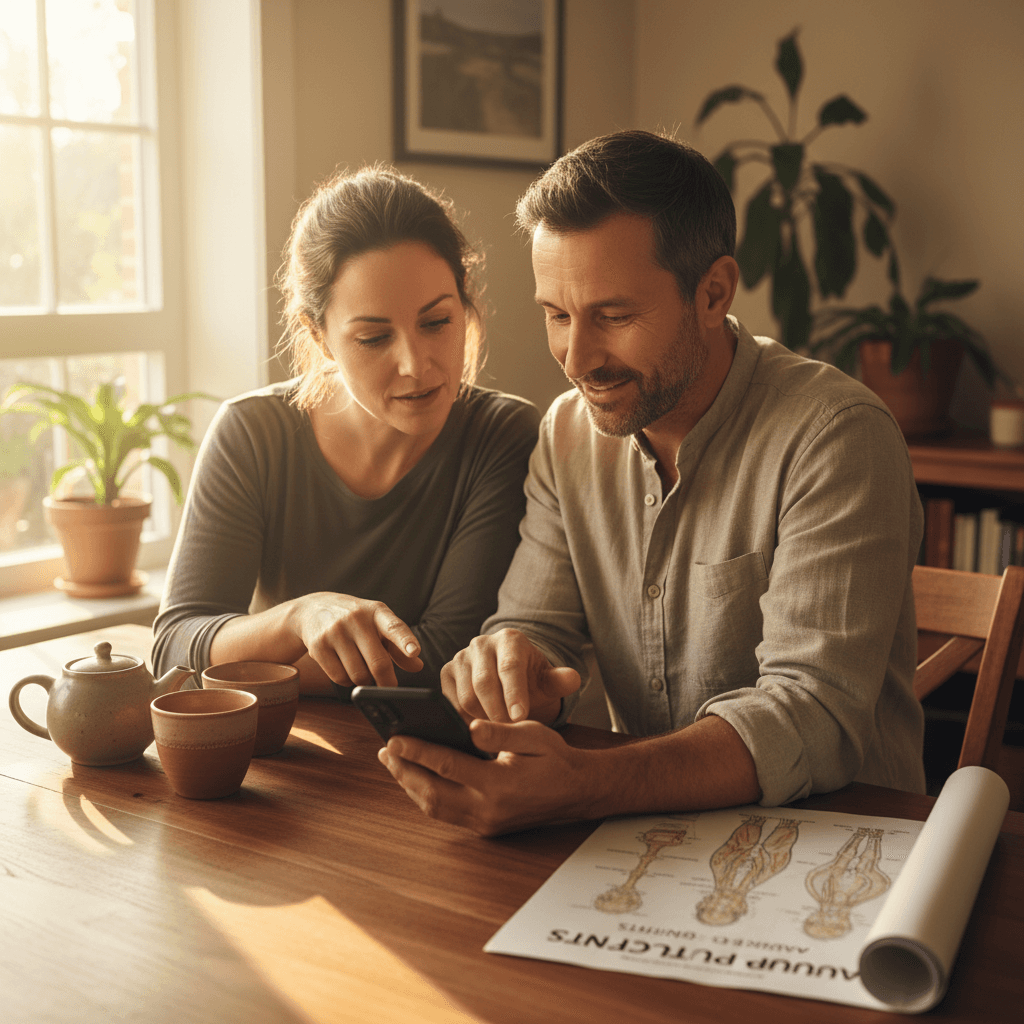 Practitioner and client reviewing a treatment plan together in a home