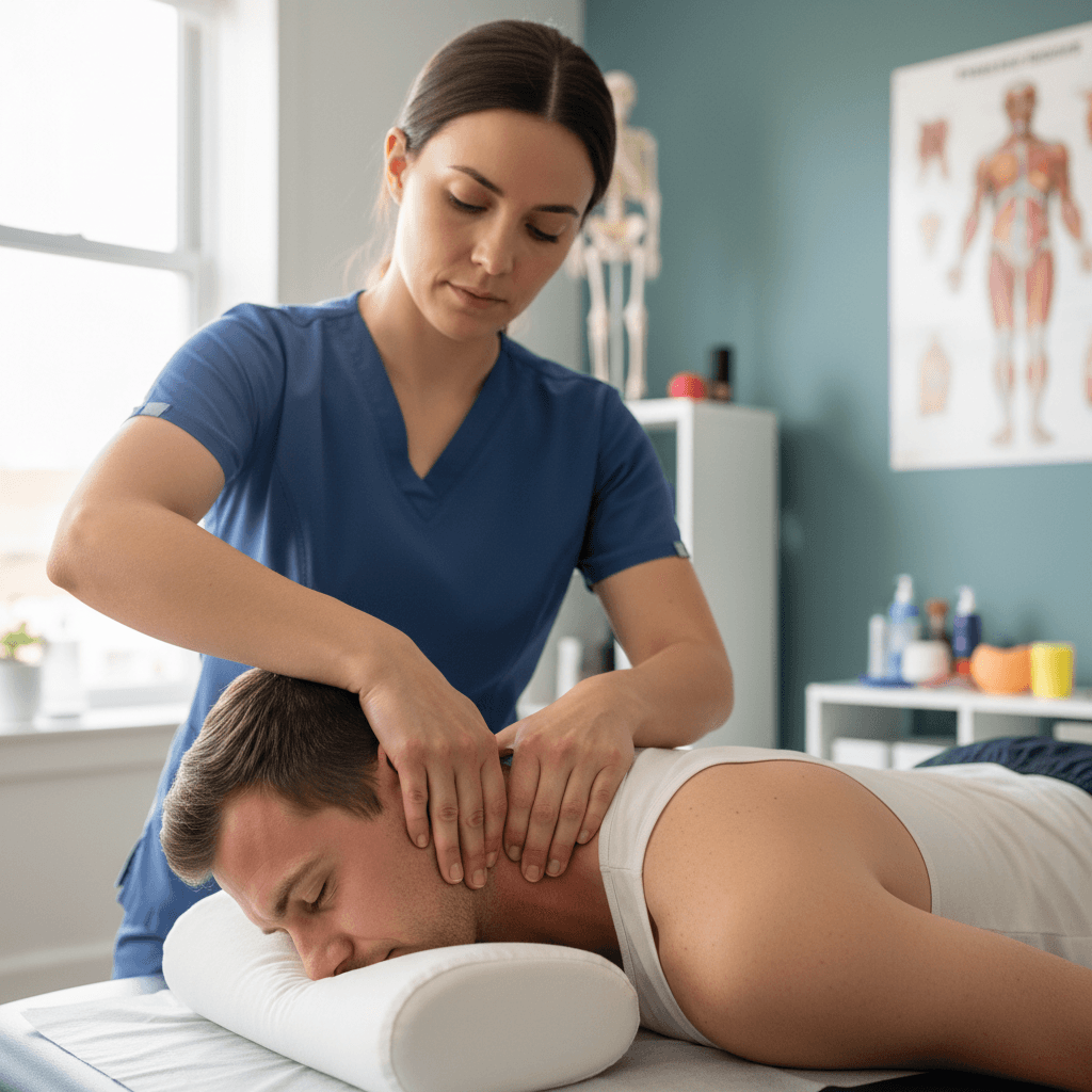 therapist performing myofascial release on patient's neck and shoulders in clinic