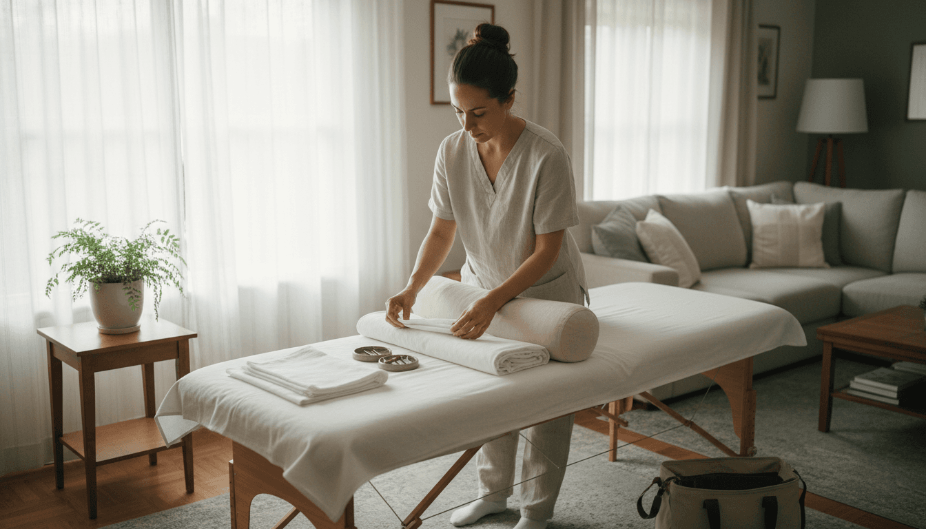 Acupuncture practitioner setting up a mobile treatment station in a client's home with needles and supplies