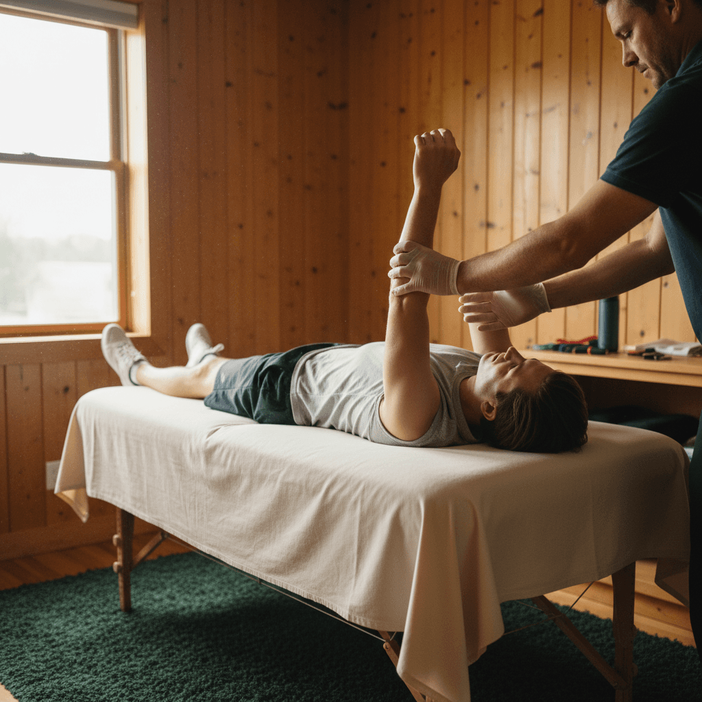 Therapist stretching golfer's lead shoulder for mobility