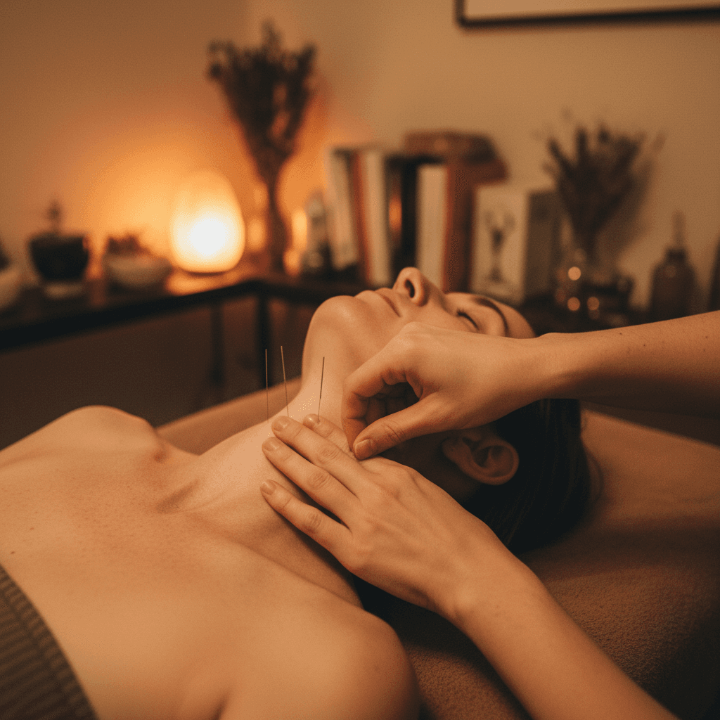 Dry needling applied to the neck and upper shoulder muscles during a treatment session