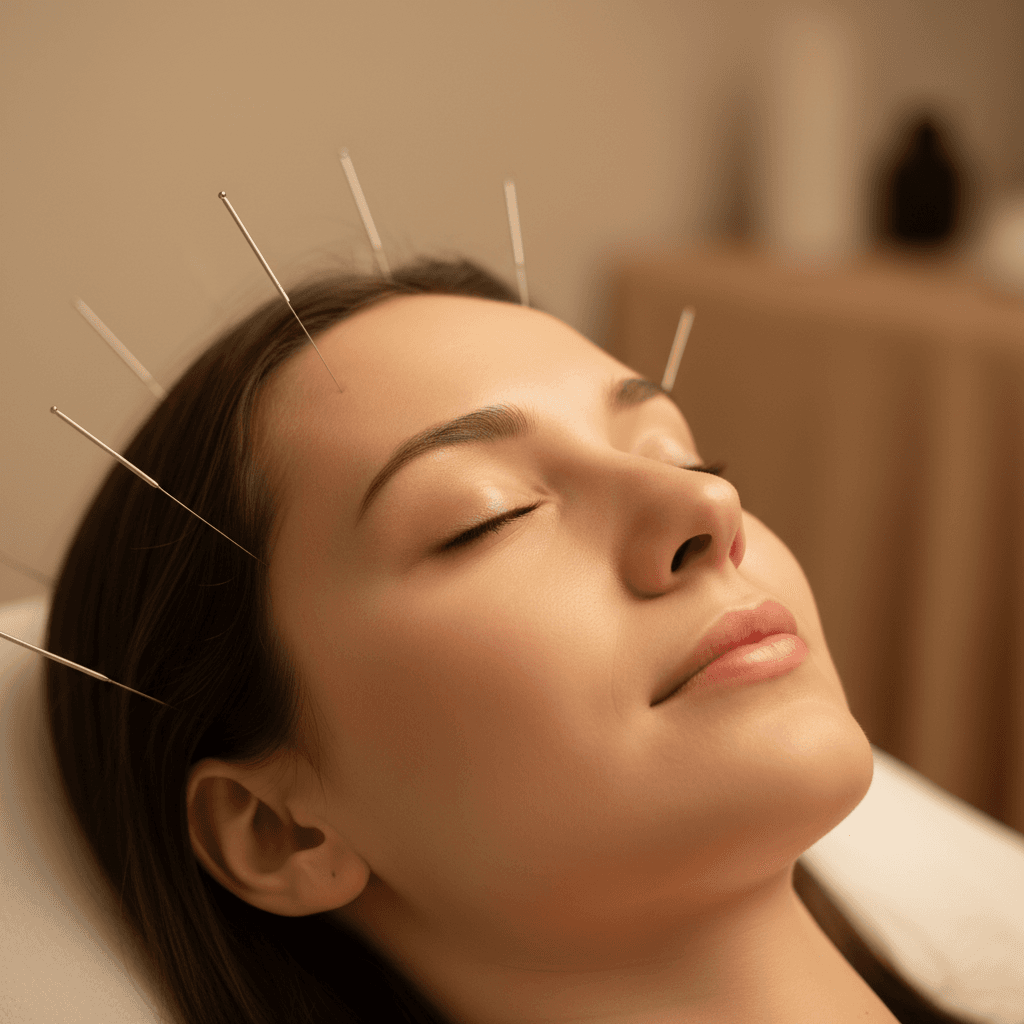 Patient receiving acupuncture for migraine relief