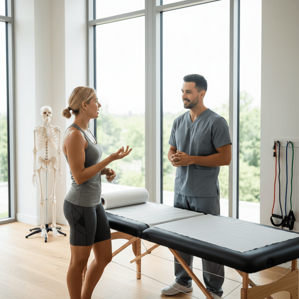 Athlete and therapist discussing recovery plan in a bright clinic