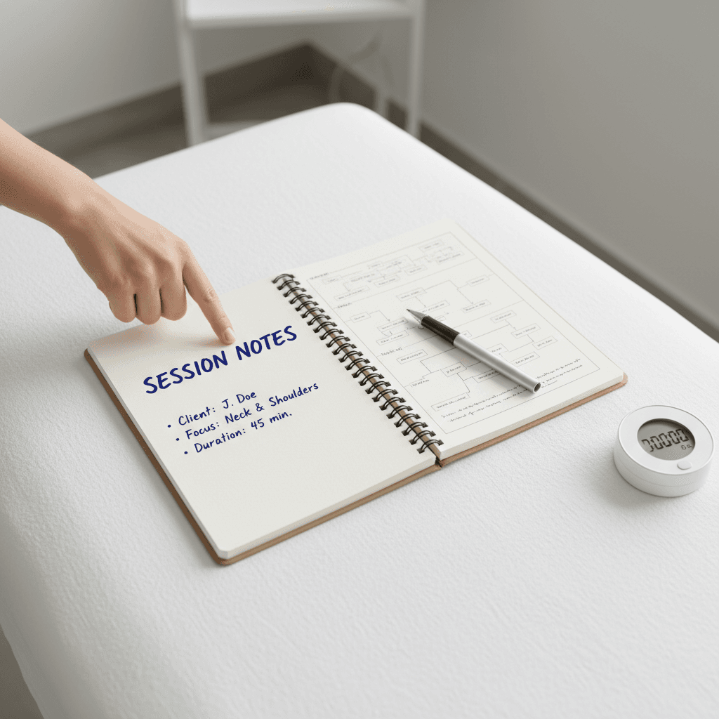 Treatment notes and progress tracking on table