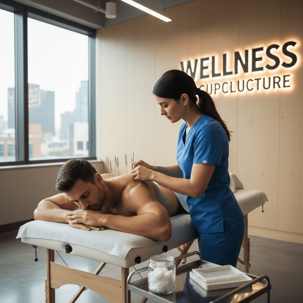 Acupuncturist placing a thin needle on an athlete's shoulder in a modern clinic