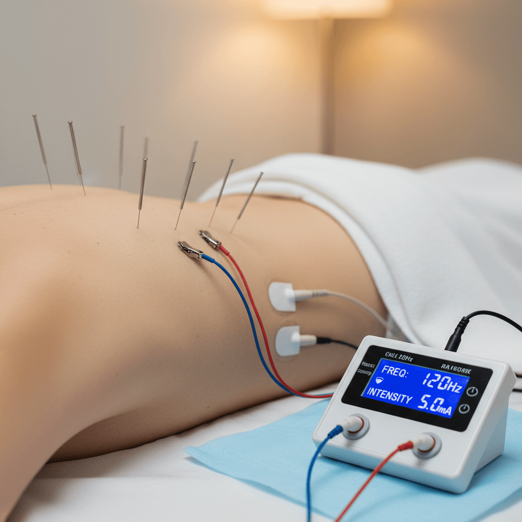 Electroacupuncture device connected to needles on a patient's shoulder