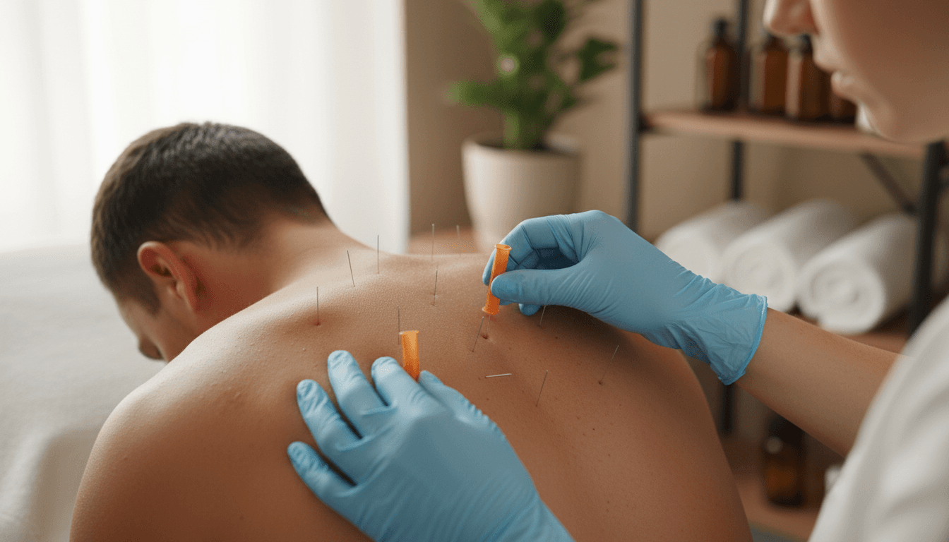 Close-up of dry needling treatment on an athlete's back at Acumotion Sports Therapy