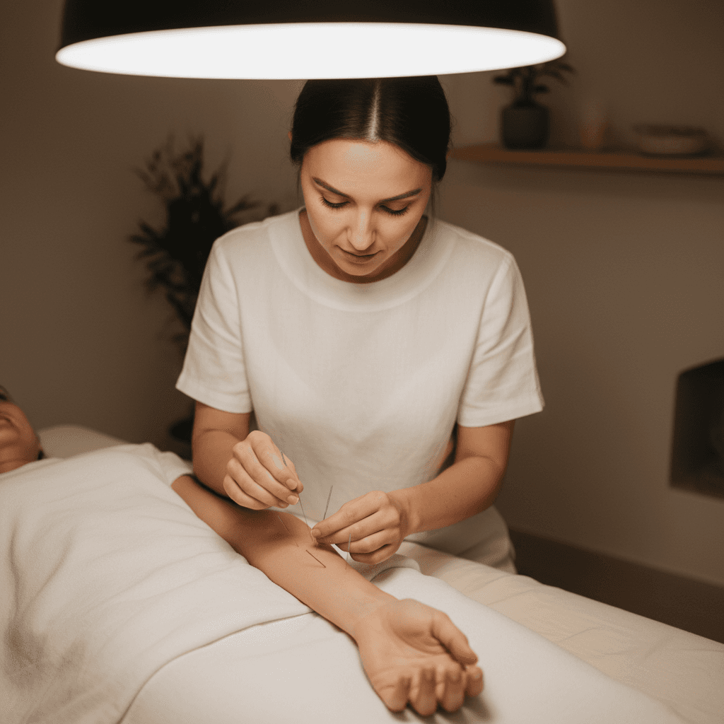 Acupuncture needles placed along a patient's forearm and hand for neuropathy relief