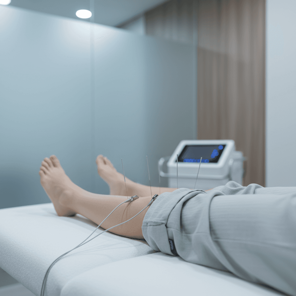Electroacupuncture leads attached to needles on a patient's leg