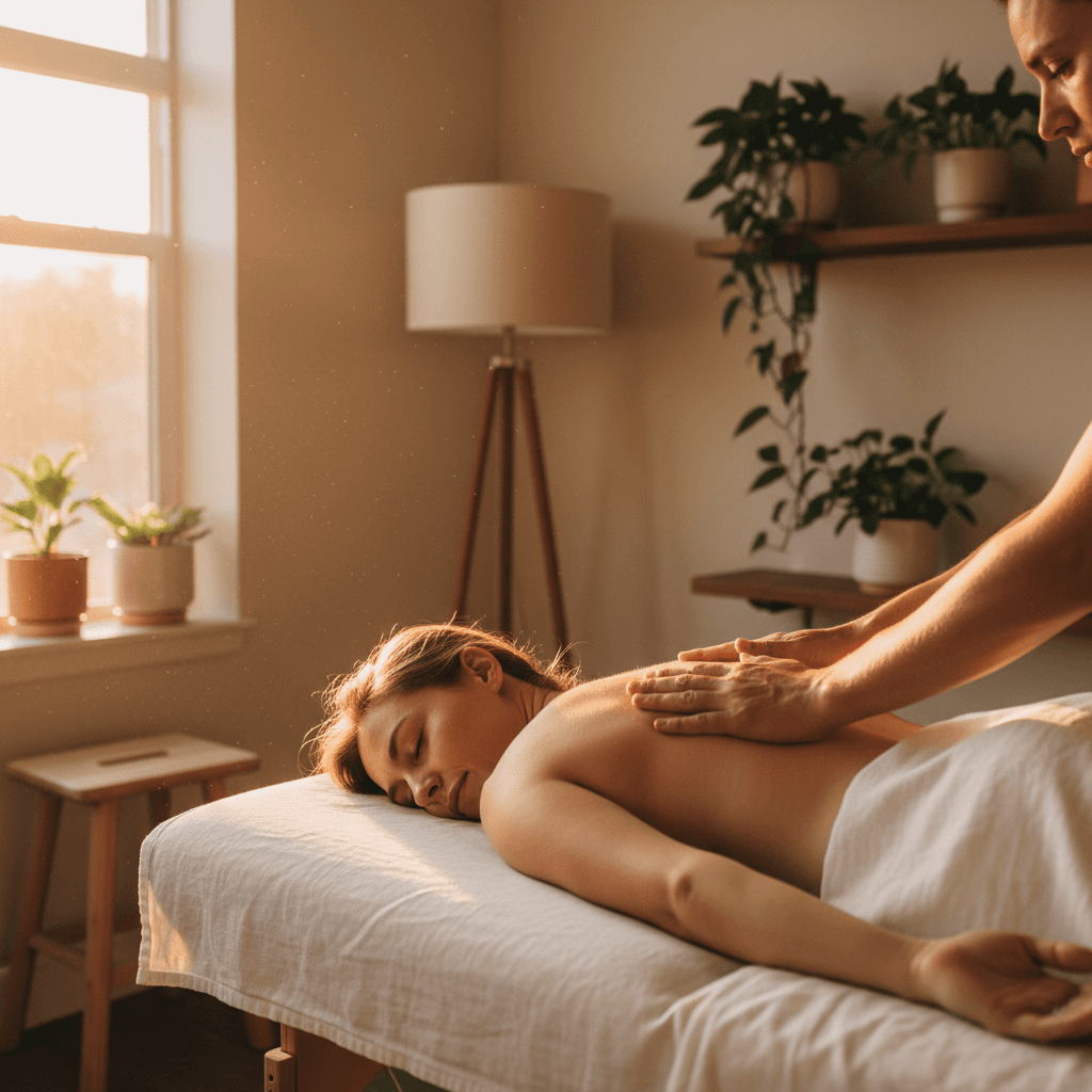 Therapist performing hands-on myofascial release on a patient's back in a sunlit treatment room