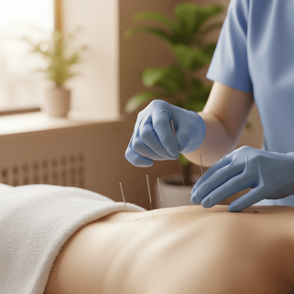 Acupuncturist placing thin needles on a patient's shoulder