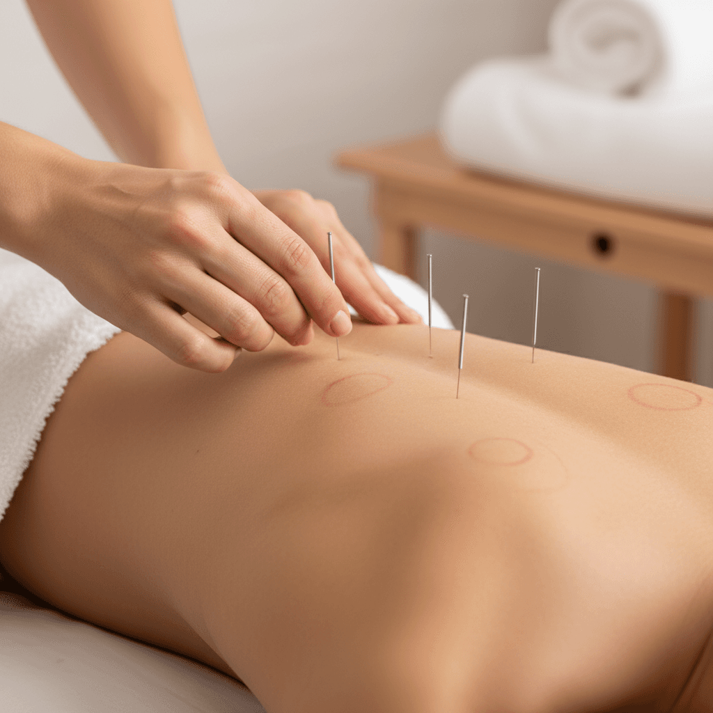 A practitioner's hands placing thin needles into a patient's upper back muscle