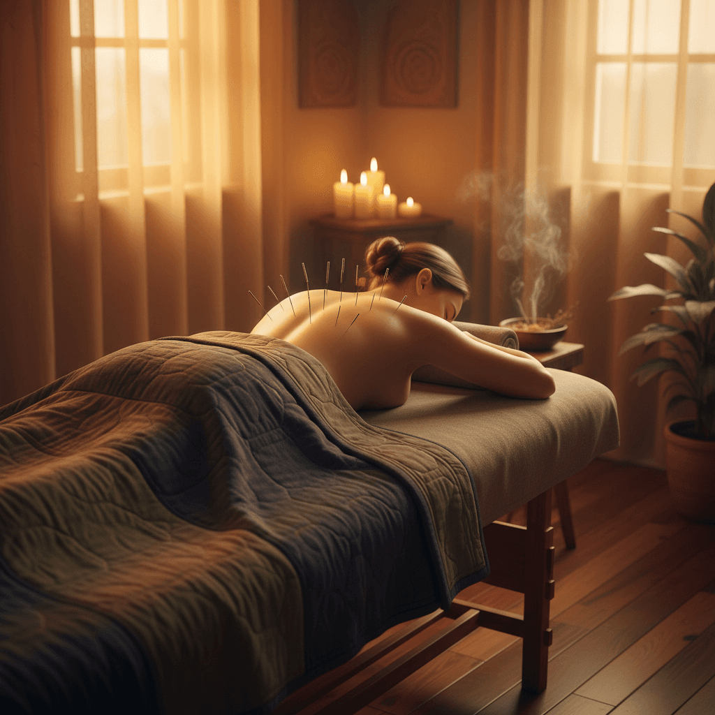 Person relaxing during acupuncture with needles in upper back for stress relief